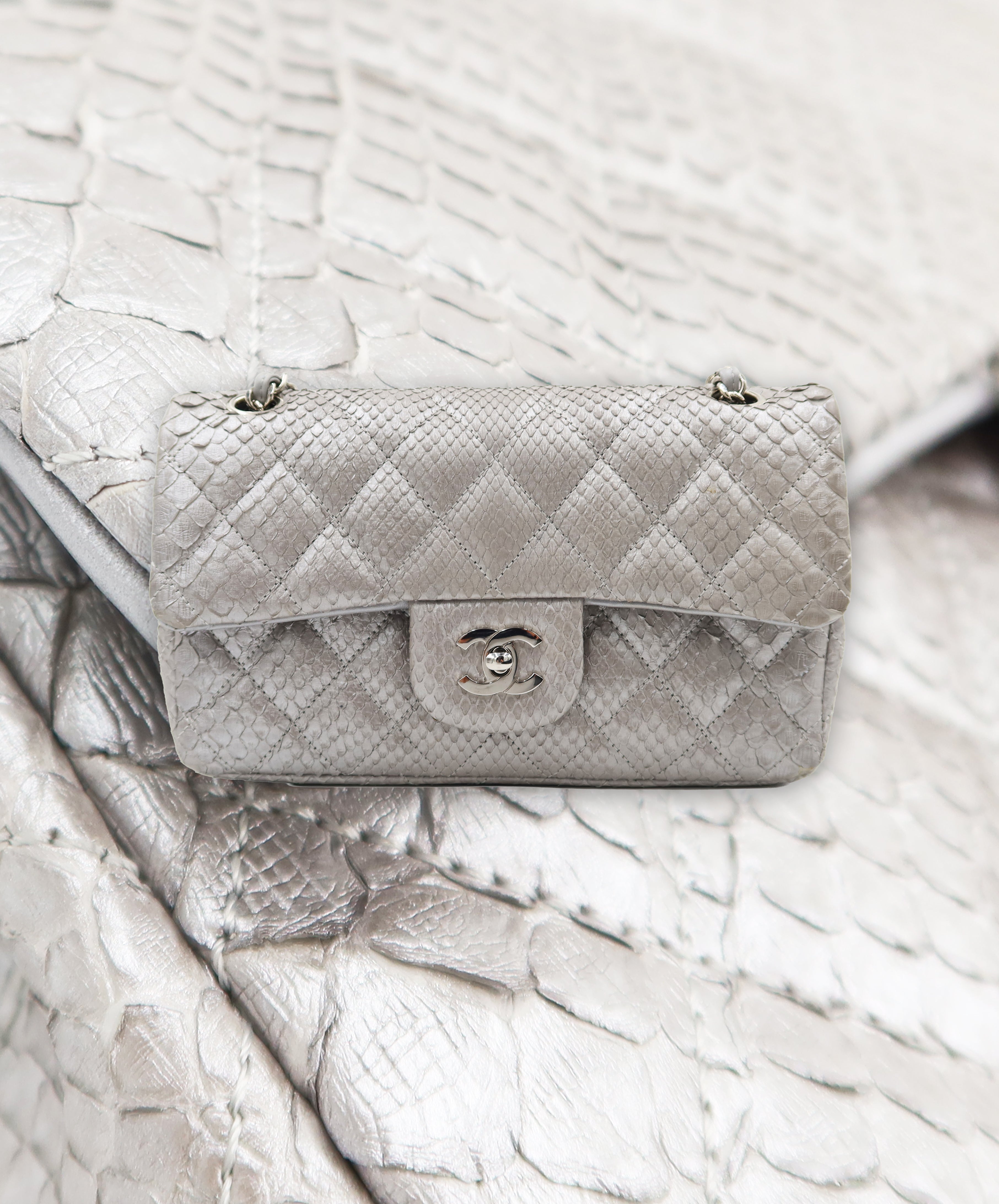 Chanel Double Flap Metallic Silver 2.55 Python Skin Leather