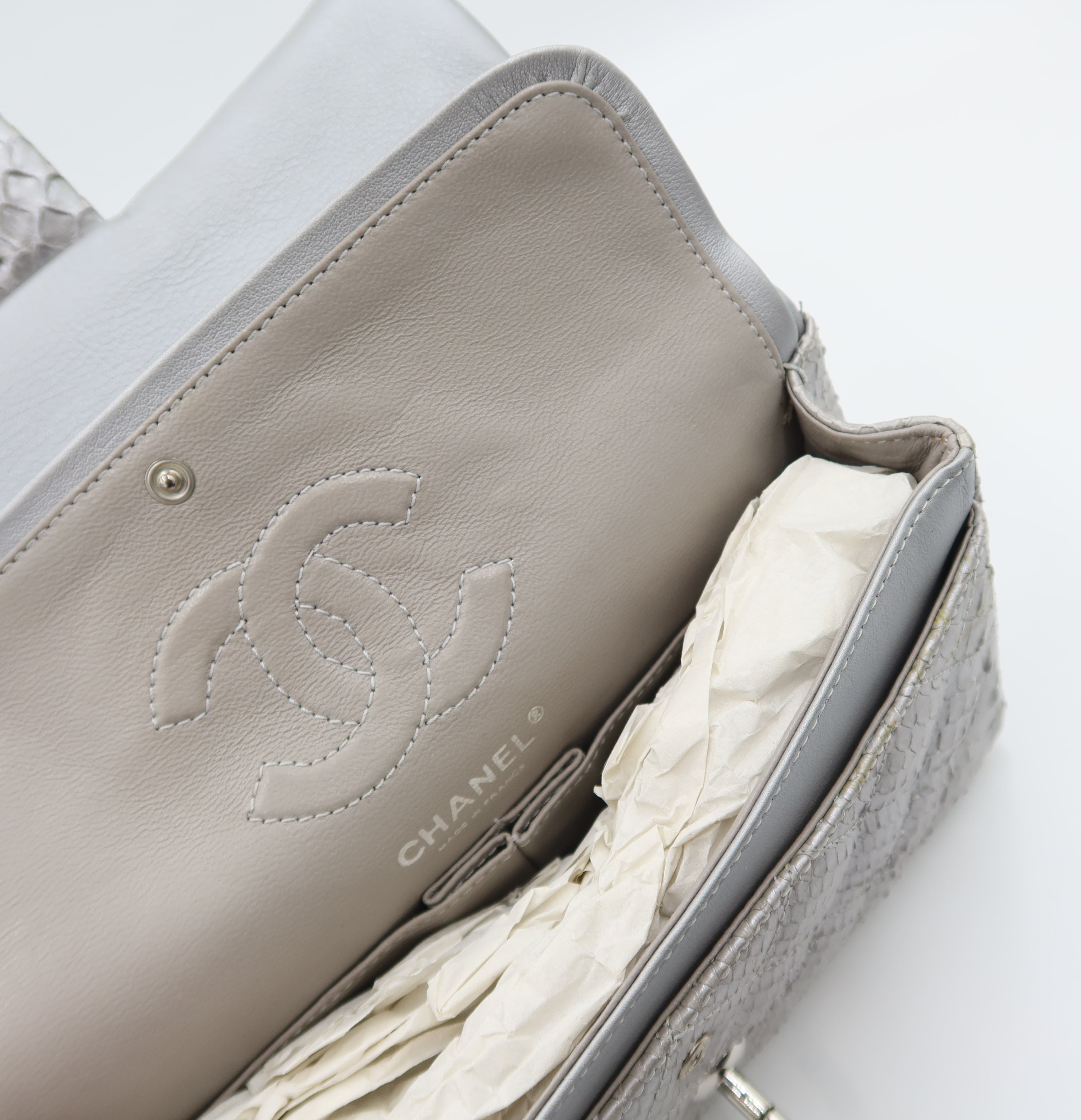 Chanel Double Flap Metallic Silver 2.55 Python Skin Leather Shoulder Bag 2008-2009