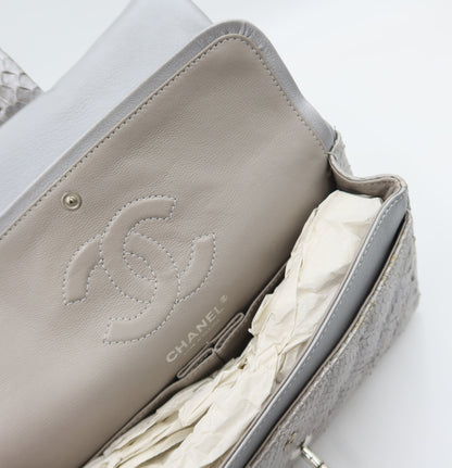 Chanel Double Flap Metallic Silver 2.55 Python Skin Leather Shoulder Bag 2008-2009