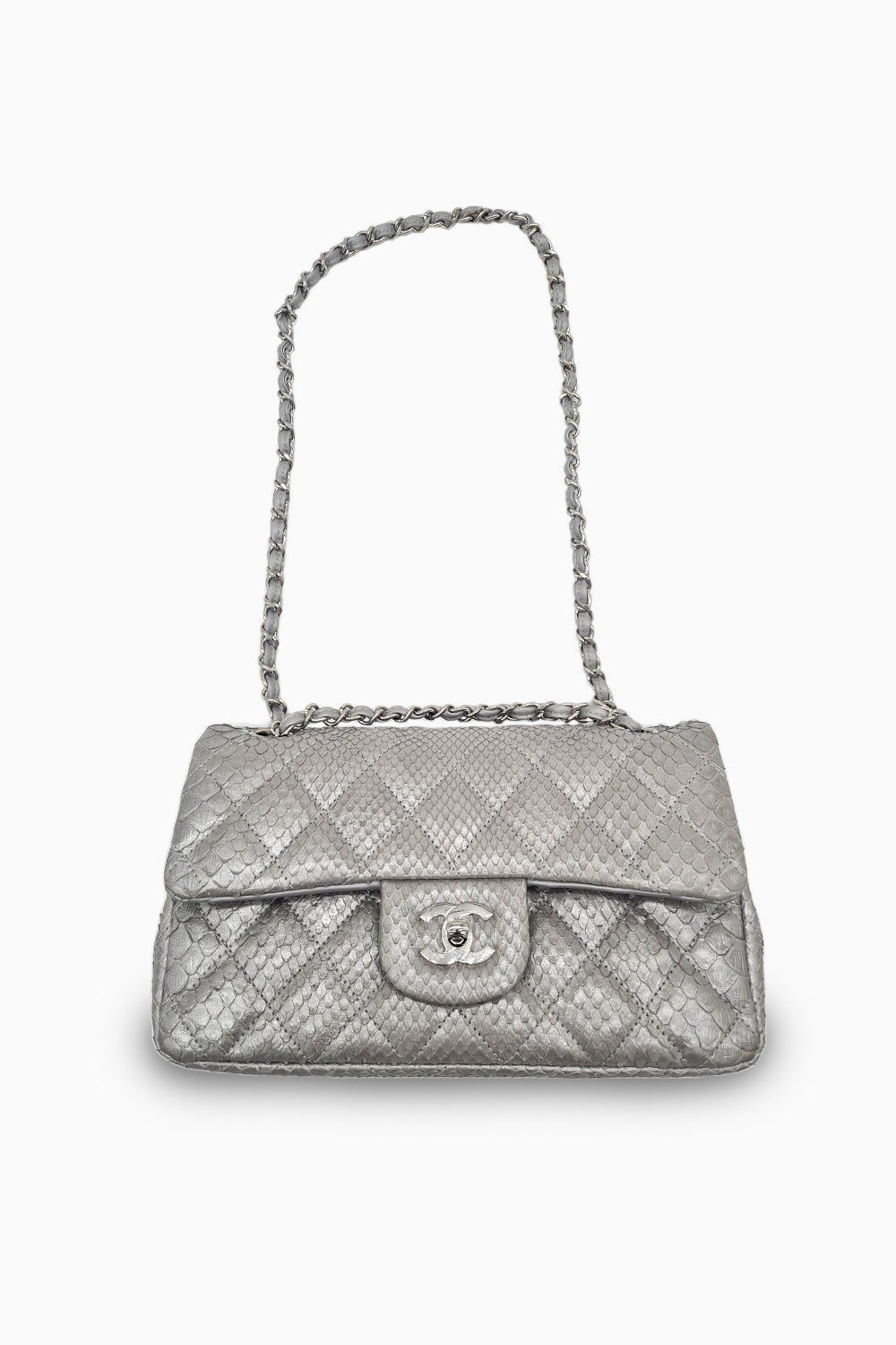 Chanel Double Flap Metallic Silver 2.55 Python Skin Leather Shoulder Bag 2008-2009