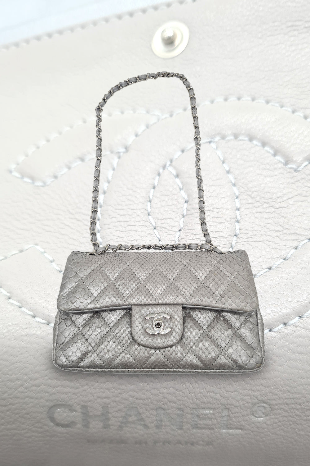 Chanel Double Flap Metallic Silver 2.55 Python Skin Leather Shoulder Bag 2008-2009